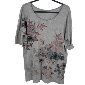 Floral Graphic Heather Gray Knit Tunic Top Short Sleeve Scoop Neck Relax Fit XL